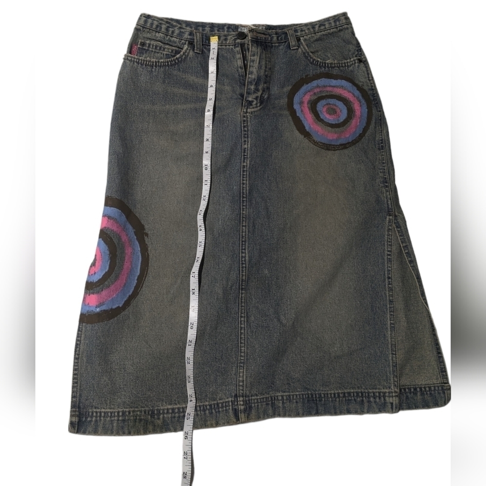 Vintage 90s Lady Enyce Denim Midi Skirt Y2K Painted Graphic Streetwear Size 8 - Picture 5 of 6